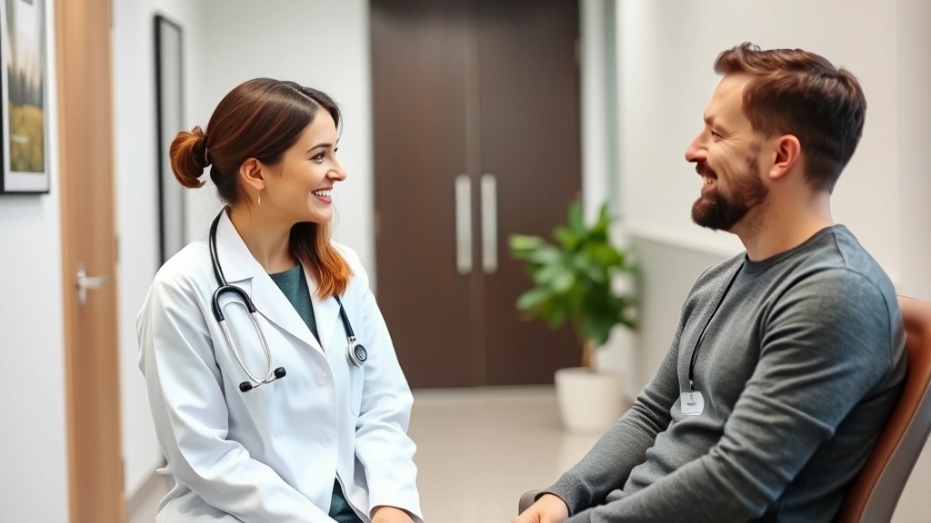 Female doctor in white coat consulting with male patient in modern clinic office, professional yet warm atmosphere, both smiling, contemporary medical setting