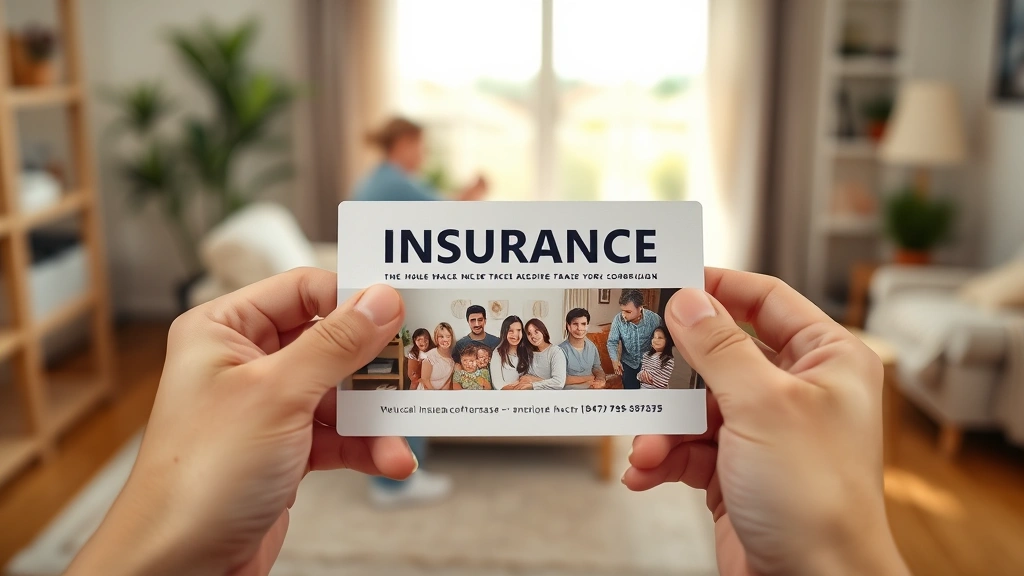 Close-up of hands holding insurance card with family photos, warm home setting, trust and security symbolism, diverse family representation, natural daylight