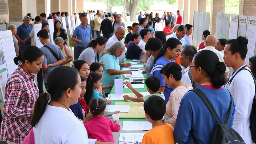 A community health fair scene with multiple generations of people engaging with health professionals at different stations, diverse ethnicities, educational materials visible, vibrant community setting