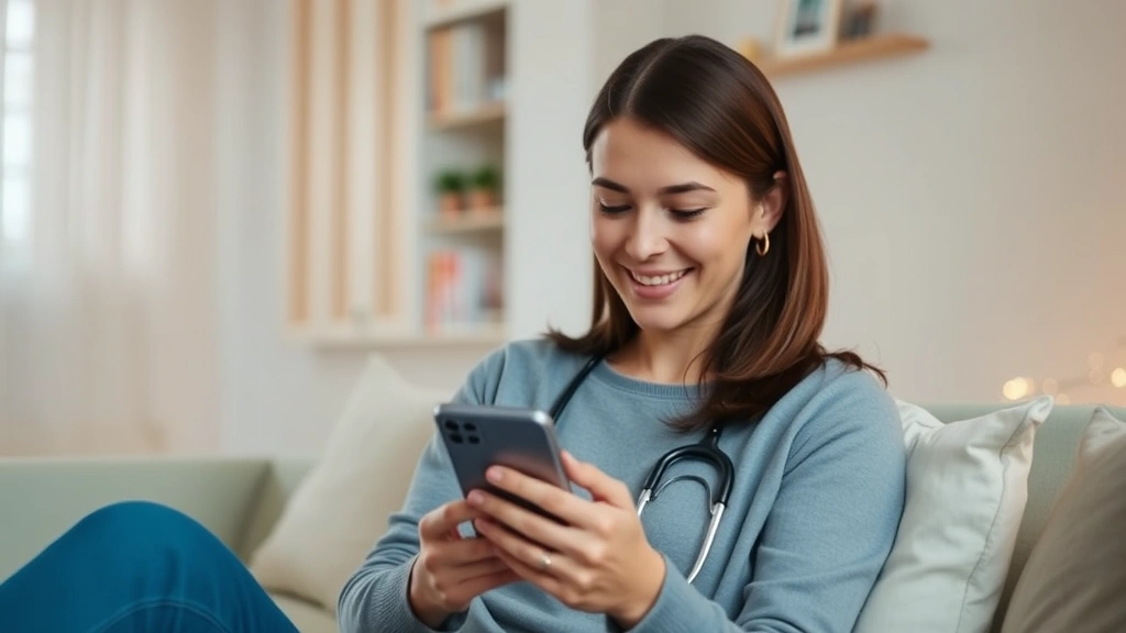Woman using smartphone for telehealth consultation, sitting comfortably at home, warm lighting, peaceful background, modern healthcare technology in action