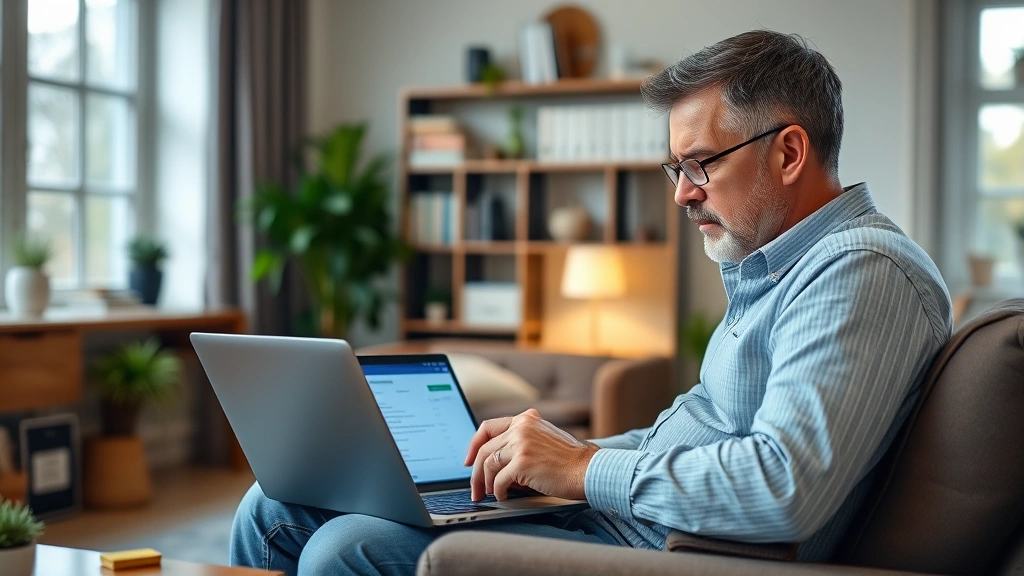 Middle-aged man on laptop reviewing health insurance benefits during telehealth therapy session in peaceful home office space, modern technology integration