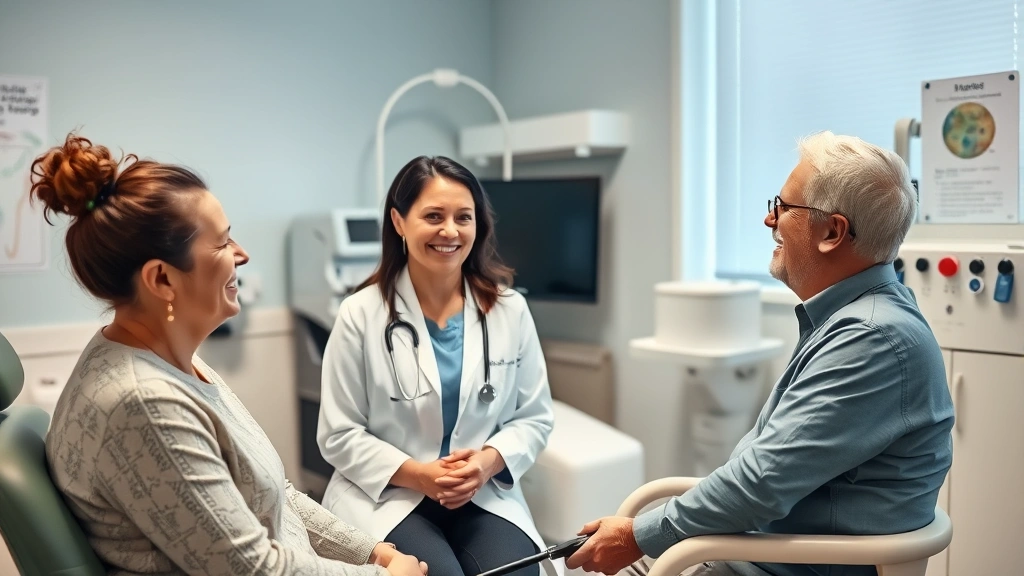 Healthcare professional conducting preventive care examination with patient in well-lit medical office, compassionate interaction, modern medical equipment visible, trust and comfort emphasized