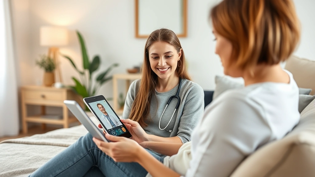 Female patient in telehealth consultation on tablet from comfortable home setting, peaceful bedroom background, contemporary digital healthcare experience