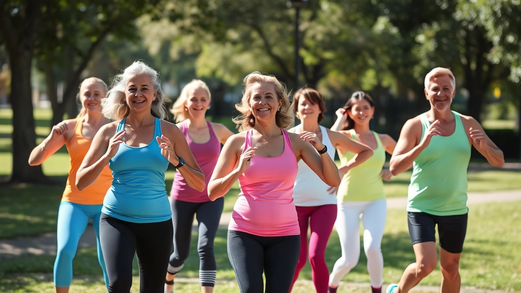 Group of people in colorful activewear exercising outdoors in park, diverse ages and body types, sunny day, wellness and preventive health lifestyle