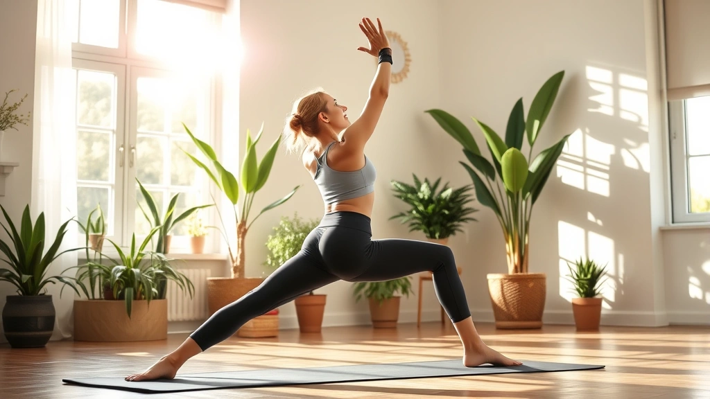 Woman in athletic wear doing yoga stretches in bright home studio with plants, morning sunlight streaming through windows, peaceful wellness atmosphere, fitness mat visible