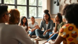 Young diverse peer health educator facilitating an engaged community workshop discussion, participants sitting in circle, warm natural lighting, authentic candid moment of connection and learning