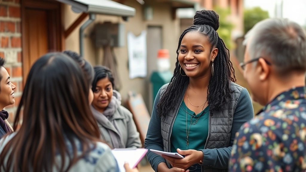 Female peer health educator smiling while speaking to small group of community members in casual neighborhood setting, warm atmosphere, people taking notes, genuine interaction