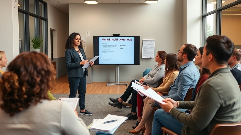 Peer health educator delivering mental health awareness training in modern community center, using presentation materials, diverse audience members taking notes, professional yet welcoming atmosphere