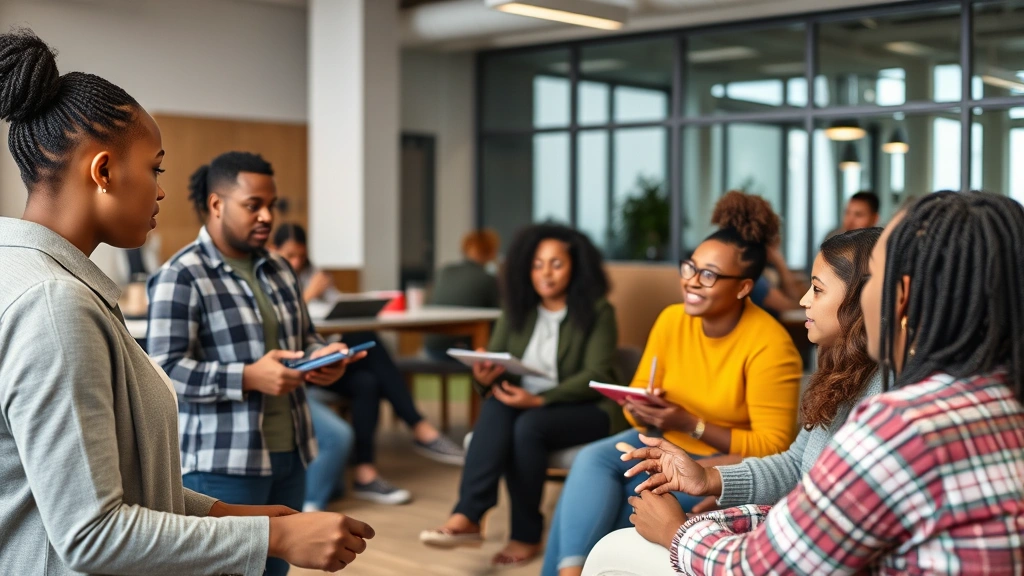 Professional peer health educator facilitating an engaging wellness workshop with diverse participants taking notes, modern community center setting, inclusive and empowering energy, people actively engaged