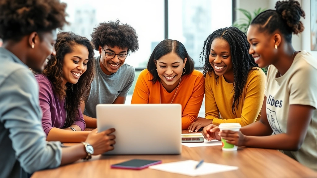 Multicultural group of peer health educators collaborating on health promotion campaign, reviewing materials at table, laptop visible, coffee cups, genuine teamwork and shared purpose evident