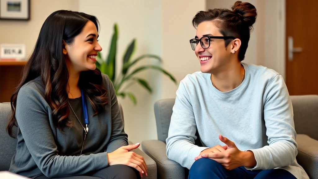 Mentor peer educator having meaningful one-on-one conversation with younger person in comfortable healthcare setting, both smiling warmly, genuine trust and connection, supportive body language