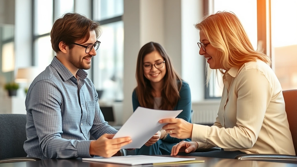 Professional financial advisor in modern office reviewing health insurance documents with client, natural window lighting, warm color palette, lifestyle photography