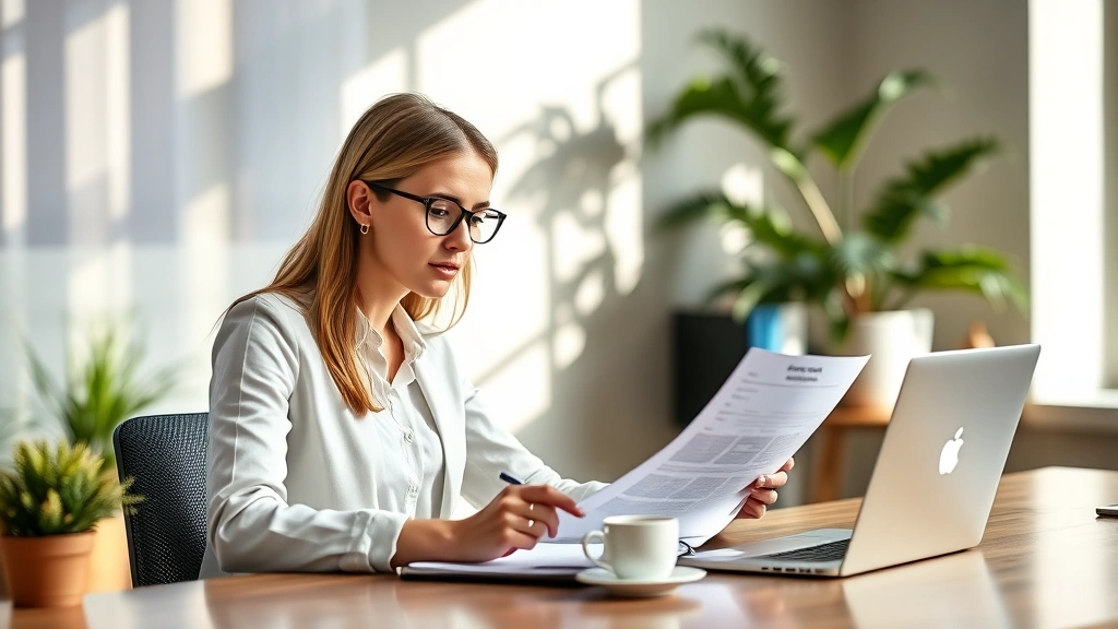 Professional woman reviewing health insurance documents at modern home office desk with laptop and coffee, natural morning light, focused expression, lifestyle photography
