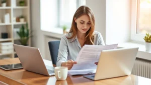 Young professional woman reviewing health insurance documents at modern desk with laptop, coffee cup, and tablet, natural window lighting, focused expression, contemporary home office setting