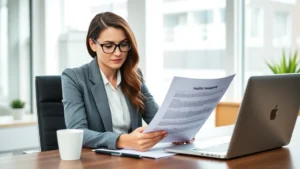 Young professional woman reviewing health insurance documents at modern home office desk, laptop and coffee cup nearby, thoughtful expression, natural daylight