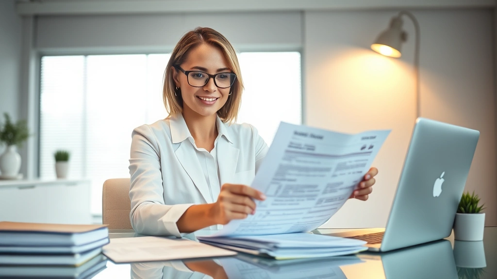 Professional woman reviewing health insurance documents at desk with laptop, organized papers, warm office lighting, confident expression, modern minimalist workspace