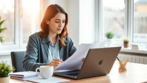 Young professional reviewing health insurance documents at modern home office desk with laptop and coffee, natural morning light streaming through windows, thoughtful expression
