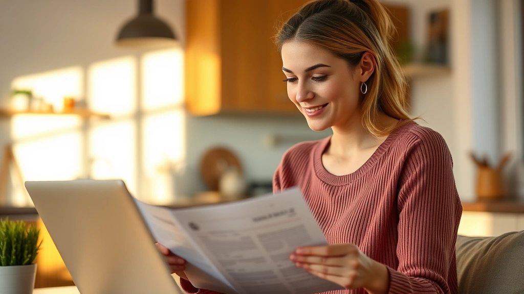 Woman reviewing health insurance documents at home with laptop, warm natural lighting, modern kitchen background, peaceful expression