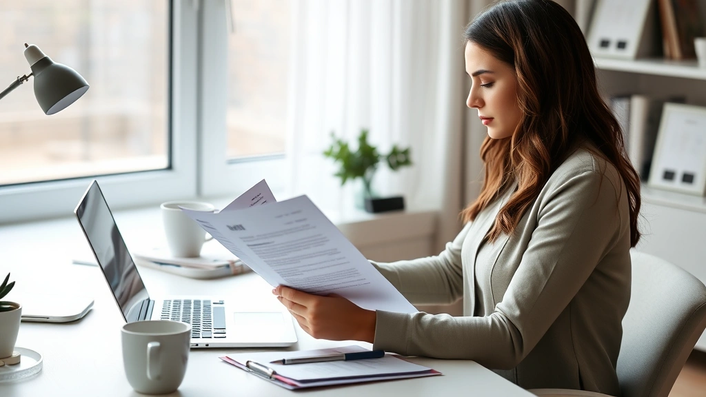 Professional woman reviewing health insurance documents at home office desk with laptop, organized papers, and coffee cup, natural daylight streaming through window, modern minimalist workspace