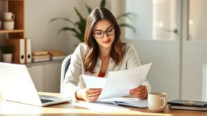 Young professional woman reviewing health insurance documents at home office desk with laptop, natural morning light, warm neutral tones, confident expression, organized workspace with coffee cup
