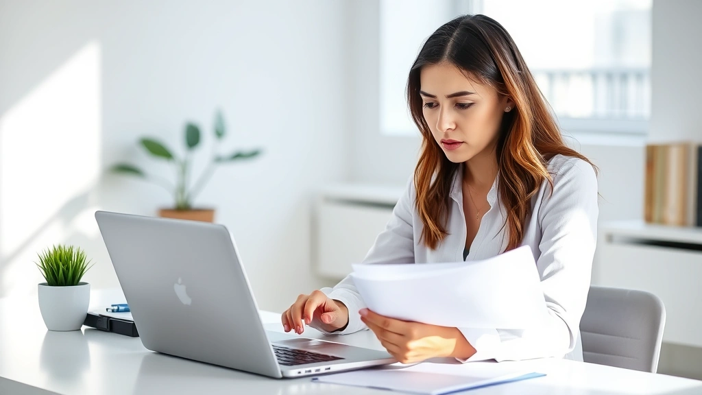 Professional woman reviewing health insurance documents at a modern desk with laptop, natural lighting, concerned but focused expression, minimalist workspace