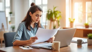 Young professional reviewing health insurance documents at a modern home office desk with laptop, coffee, and notepad, natural morning light through windows, lifestyle photography