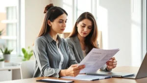 Professional woman reviewing health insurance documents at modern home office desk, sunlit workspace, holding clipboard, serious focused expression, contemporary setting