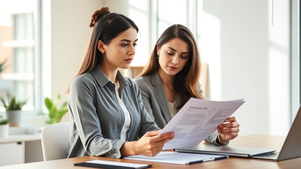 Professional woman reviewing health insurance documents at modern home office desk, sunlit workspace, holding clipboard, serious focused expression, contemporary setting