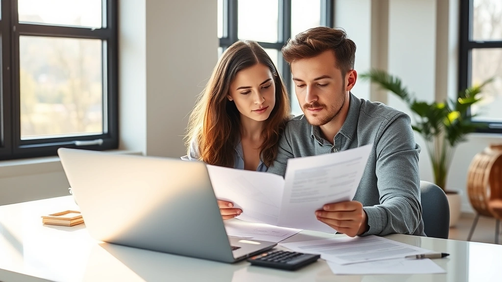 Young professional reviewing health insurance documents at modern desk with laptop and coffee, natural morning light streaming through windows, organized papers and calculator visible, thoughtful expression