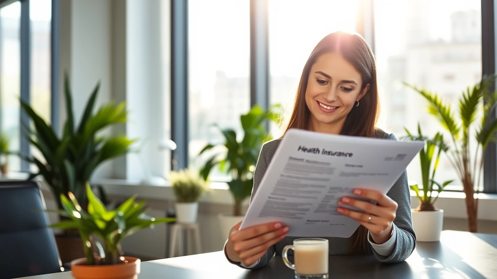 Professional woman in modern office reviewing health insurance documents on tablet, morning sunlight streaming through windows, confident expression, contemporary workspace with plants