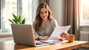 Young professional woman reviewing health insurance documents at modern home desk with laptop, natural light streaming through window, warm coffee cup nearby, confident expression