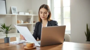 Professional woman reviewing health insurance documents at modern home office desk with laptop and coffee, natural sunlight, contemporary minimalist decor, confident expression