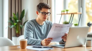 Young professional reviewing health insurance documents at a modern home office desk with laptop, coffee cup, and wellness-focused lifestyle surroundings, natural lighting from window