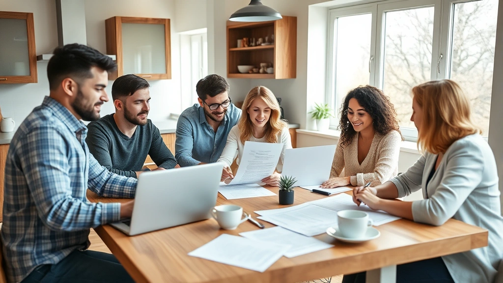 Diverse group of people reviewing health insurance documents at a modern kitchen table with laptop, coffee cups, and papers spread out, natural morning light through windows, warm and professional atmosphere