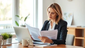 Professional woman reviewing health insurance documents at modern home office desk with laptop, coffee cup, organized papers, natural window lighting, calm focused expression, lifestyle photography