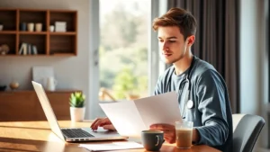Young professional reviewing healthcare documents at modern home desk with laptop and coffee, natural window lighting, relaxed but focused expression, contemporary wellness lifestyle setting