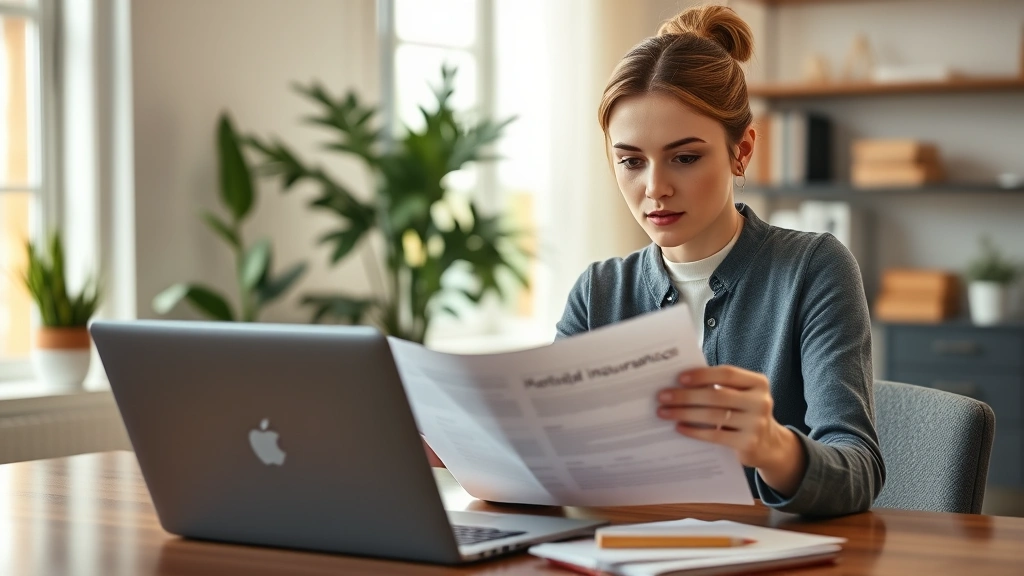 Young professional woman reviewing health insurance documents at modern home office desk with laptop, natural lighting, warm neutral tones, focused expression