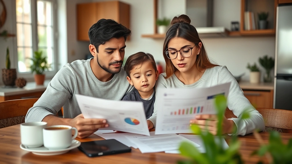 Young professional family reviewing medical bills and insurance paperwork at home kitchen table, concerned expressions, realistic home setting with plants and natural light