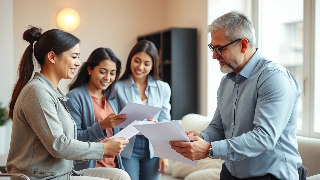 Family of four having discussion with insurance broker or healthcare advisor in bright office space, diverse group, warm lighting, reviewing paperwork and digital displays together