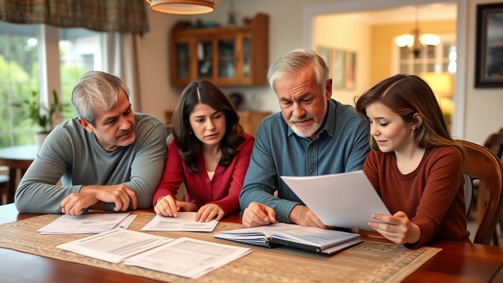 Family of four sitting together reviewing medical bills and insurance forms at dining table, concerned but determined expressions, warm home setting