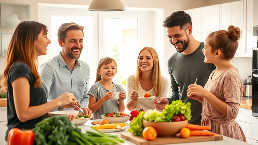 Family of four having healthy meal together in bright kitchen, smiling, fresh vegetables on counter, warm natural sunlight through window, joyful atmosphere