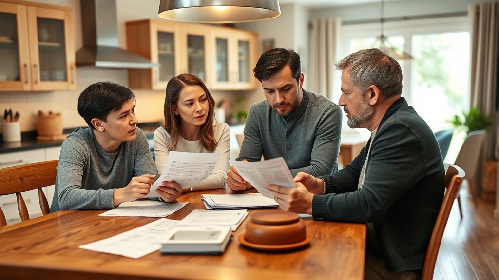 Family gathered around kitchen table reviewing medical bills and insurance paperwork, concerned expressions, warm home interior with contemporary design