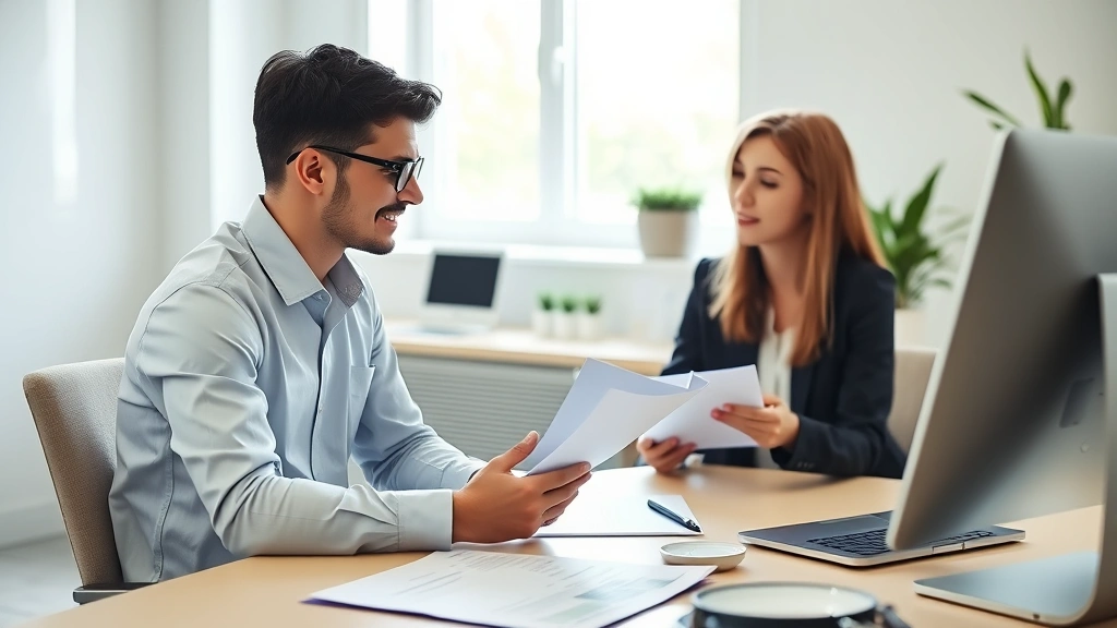 Young professional meeting with healthcare advisor in bright office, reviewing insurance plans and options, collaborative atmosphere, natural window light