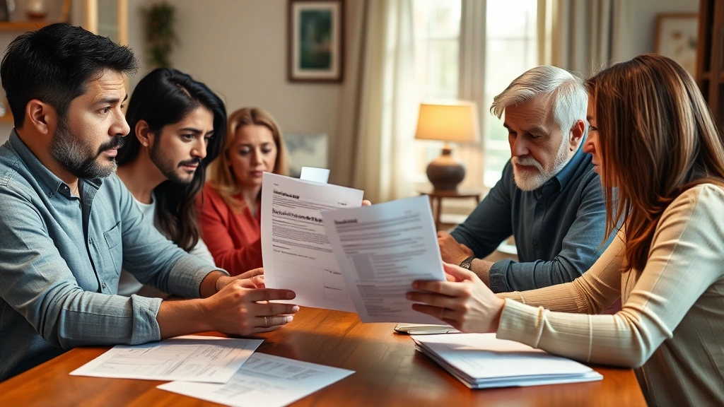 Diverse family of four reviewing medical bills and insurance forms at dining table, concerned expressions, paperwork spread out, warm home lighting, authentic emotional moment