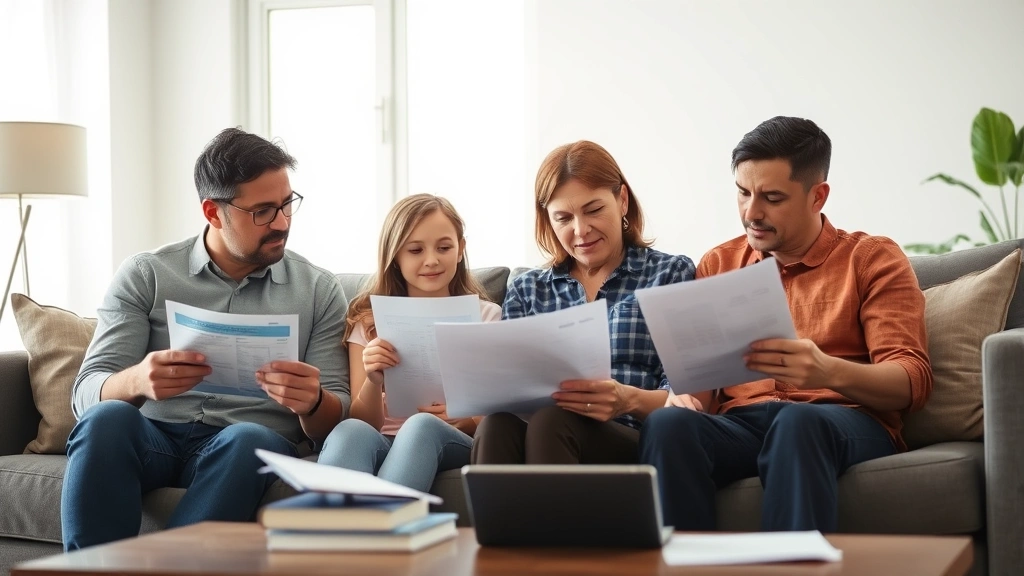 Family of four sitting together on modern couch reviewing medical bills and insurance forms, concerned but determined expressions, bright living room, paperwork and tablet visible on coffee table
