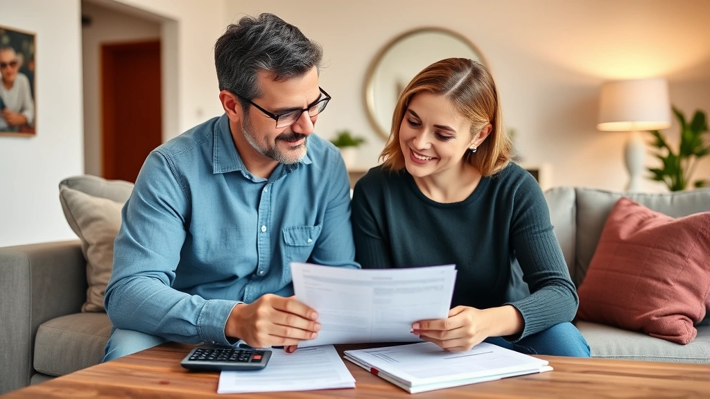 Diverse couple reviewing financial documents together in contemporary living room, calculator and papers on table, serious but hopeful mood, warm home setting