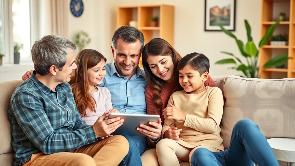 Family of four having a health consultation video call with doctor on tablet, sitting together on comfortable couch in bright living room, warm and supportive atmosphere