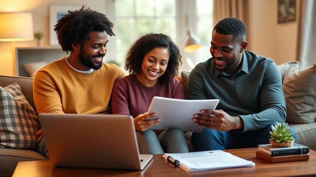 Diverse family sitting together reviewing healthcare options on tablet in comfortable living room, warm lighting, smiling, laptop and insurance forms on coffee table nearby