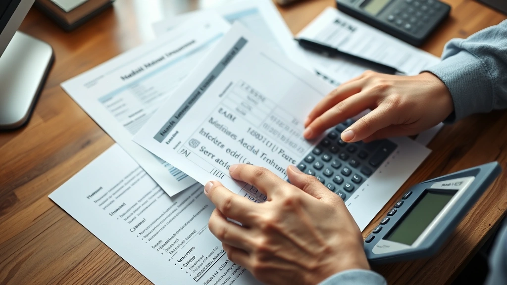 Close-up of hands holding medical bills and insurance forms with calculator on wooden desk, realistic financial planning scene, warm lighting, organized paperwork