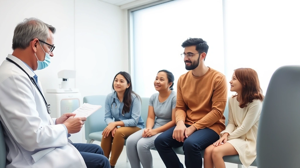 Family of four during routine medical checkup in bright clinic room, diverse group, doctor taking notes, warm and reassuring environment, modern healthcare facility